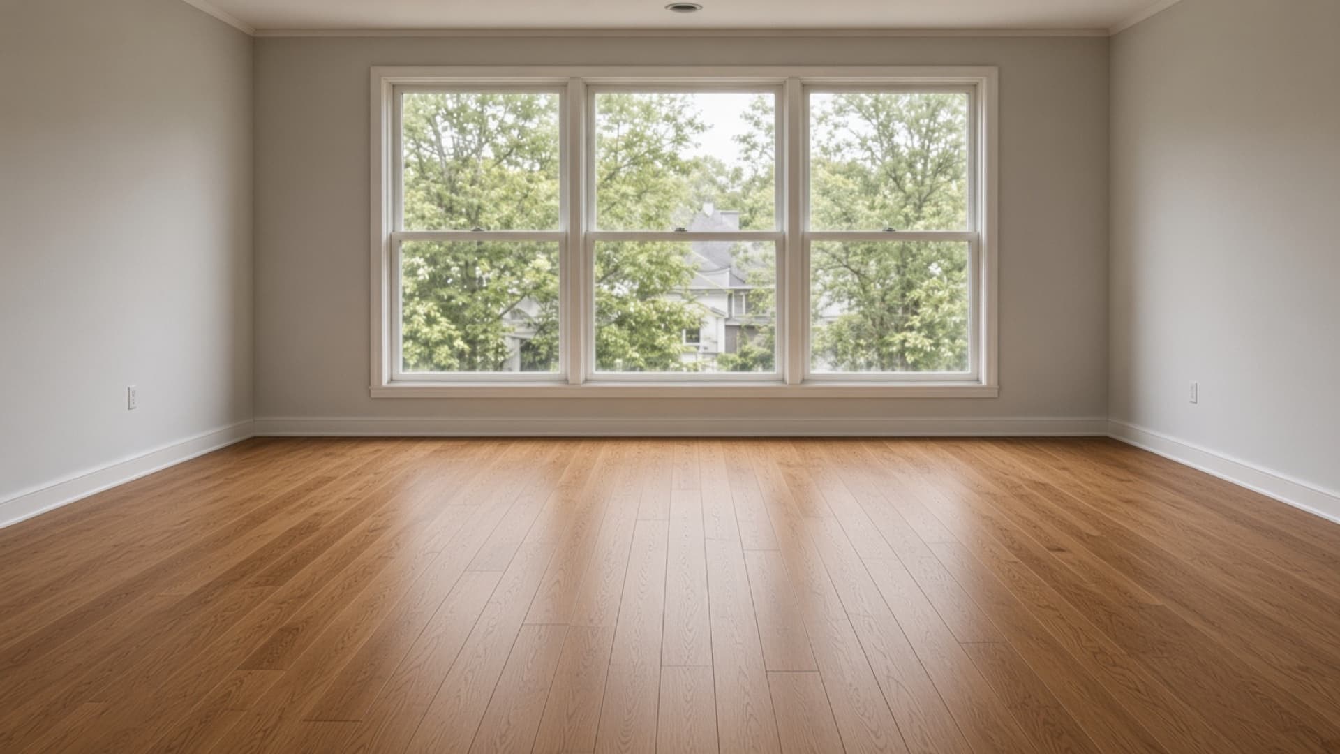 Same living room with finished oak hardwood flooring installed