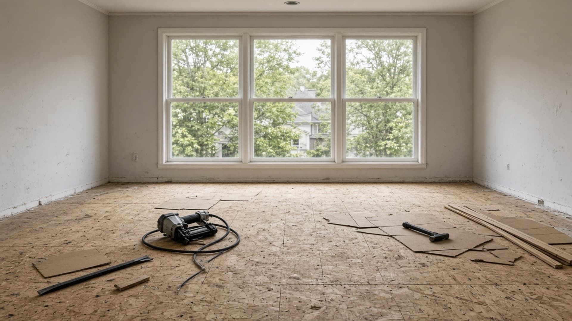 Living room with unfinished plywood subfloor during flooring renovation
