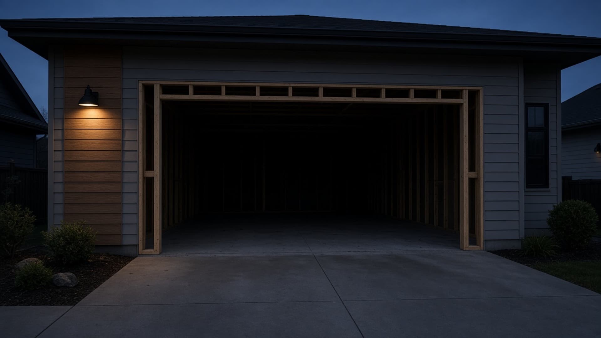 Suburban home with an empty garage opening before door installation
