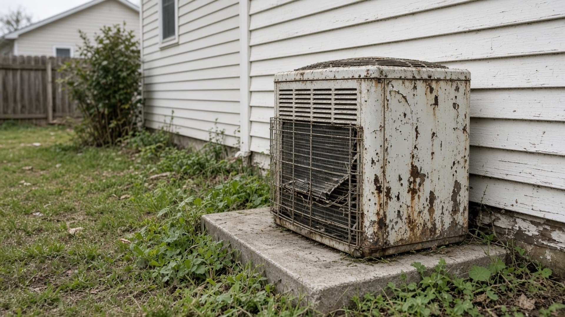 Old rusty outdoor AC condenser unit on a neglected pad