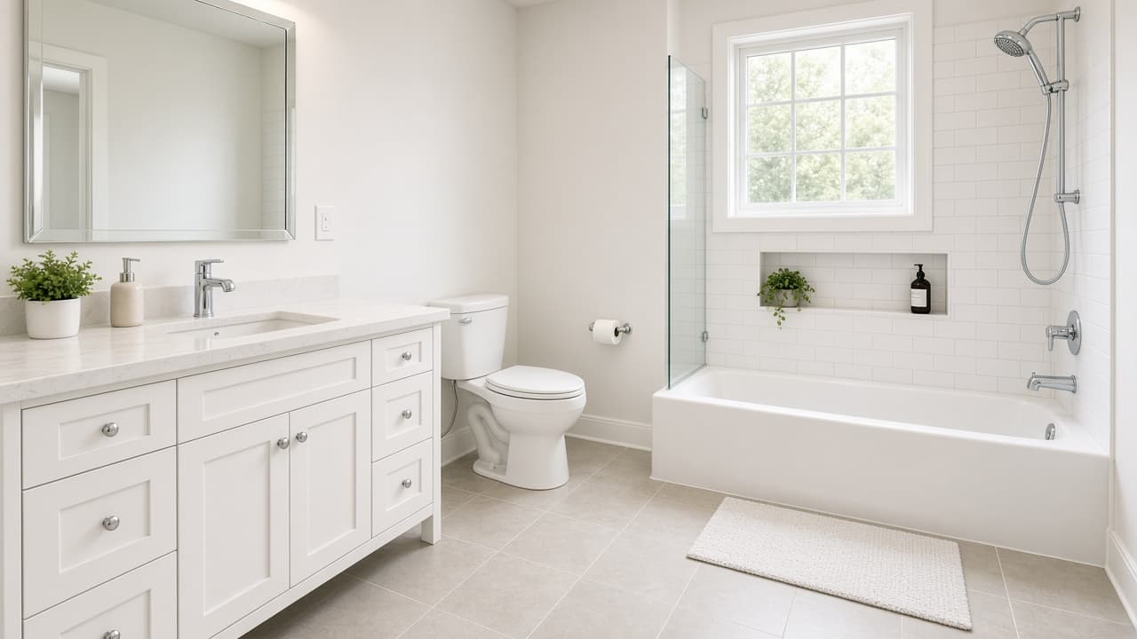 Same bathroom with repaired plumbing, clean fixtures, and a dry finished floor