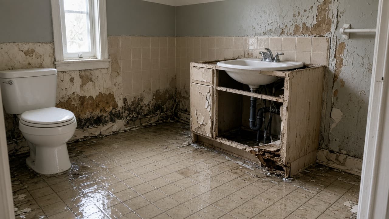 Residential bathroom with a burst pipe and water damage on the floor