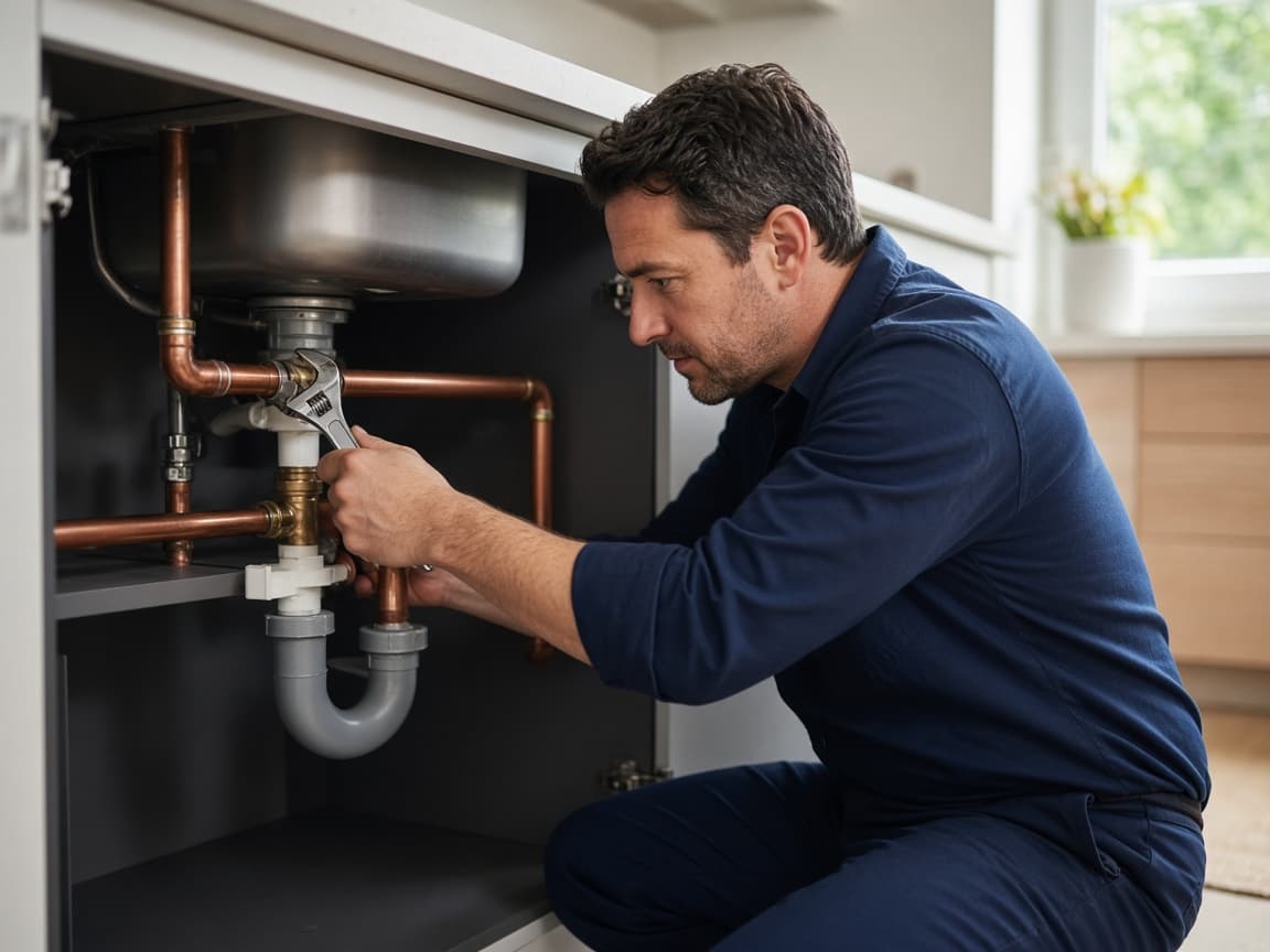 Licensed plumber repairing a residential water heater under a sink