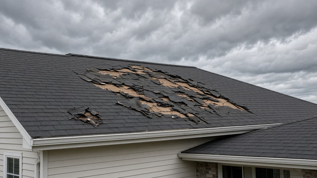 Residential roof with missing shingles and storm damage
