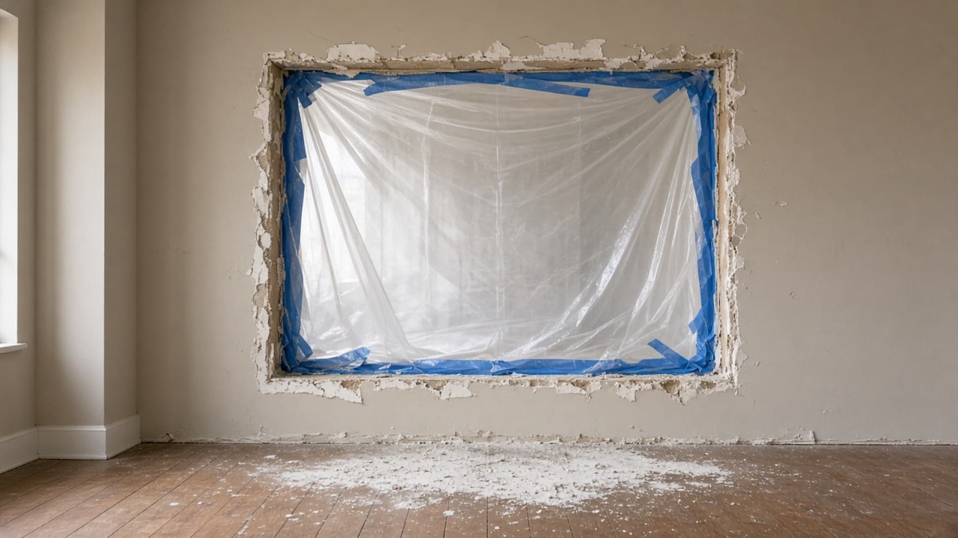 Living room with a rough window opening covered in plastic during renovation