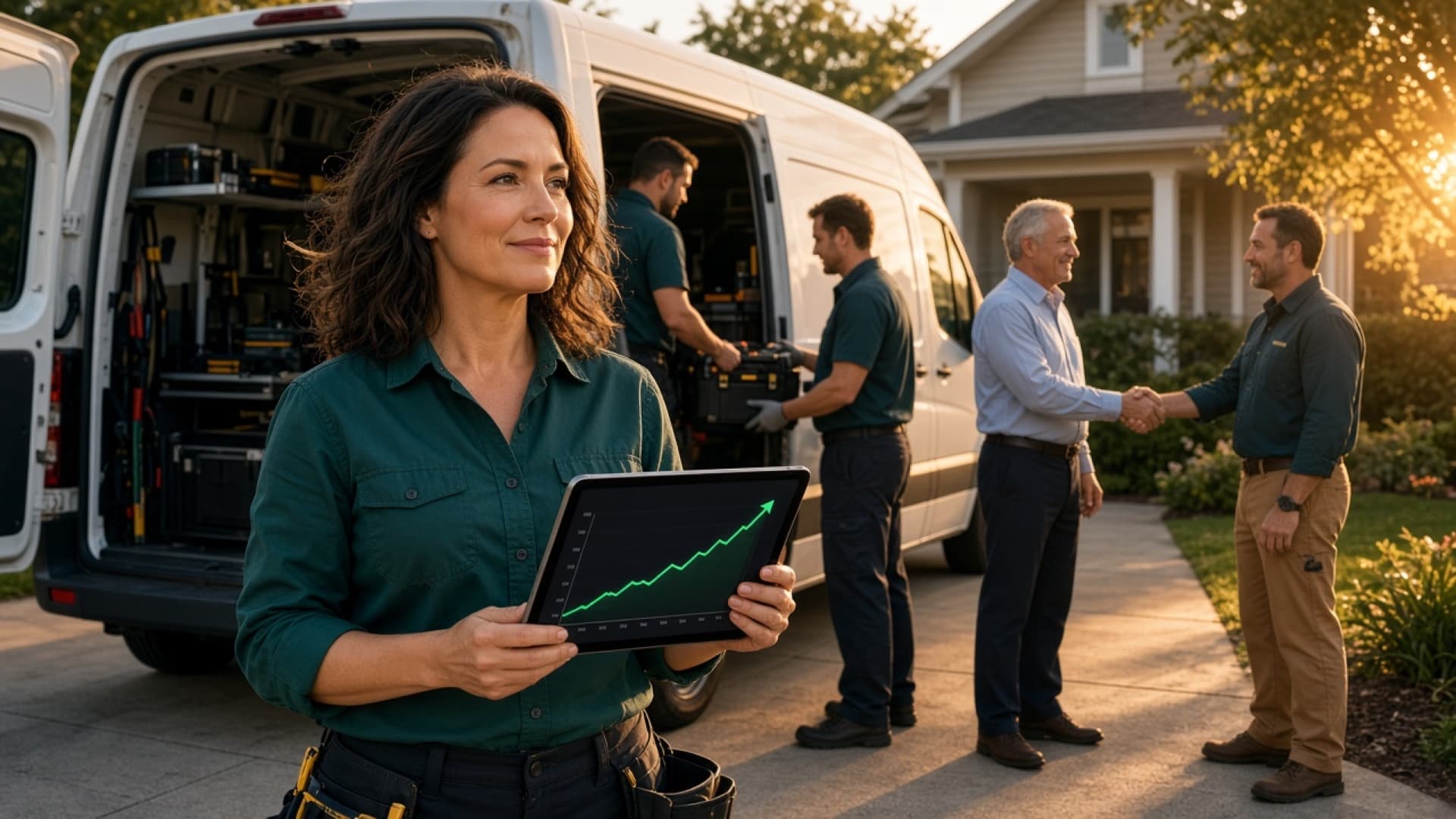 Service business owner reviewing a rising ads pipeline on a tablet beside her crew and van