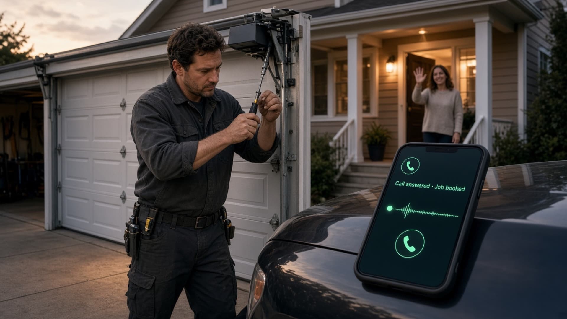 Technician installing a garage door while an AI booking confirmation lights up on his phone